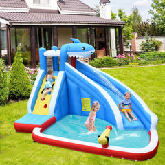4-in-1 Shark Inflatable Water Park with Climbing Wall and 735W Blower