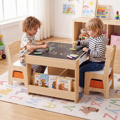 4 in 1 Kids Table and Chairs with Building Blocks and Bookshelves-Natural