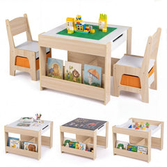 4 in 1 Kids Table and Chairs with Building Blocks and Bookshelves-Natural