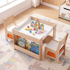 4 in 1 Kids Table and Chairs with Building Blocks and Bookshelves-Natural
