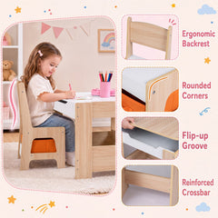 4 in 1 Kids Table and Chairs with Building Blocks and Bookshelves-Natural