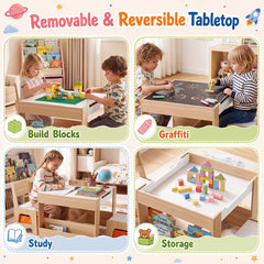 4 in 1 Kids Table and Chairs with Building Blocks and Bookshelves-Natural