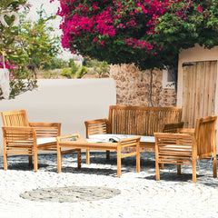 4 Piece Acacia Wood Patio Sofa Set, Slatted Loveseat Rated 705 lb, 2 Chairs Rated 360 lb with Off White Cushions and a 40 in Table