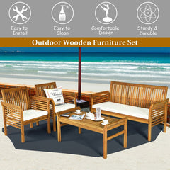 4 Piece Acacia Wood Patio Sofa Set, Slatted Loveseat Rated 705 lb, 2 Chairs Rated 360 lb with Off White Cushions and a 40 in Table