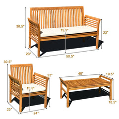 4 Piece Acacia Wood Patio Sofa Set, Slatted Loveseat Rated 705 lb, 2 Chairs Rated 360 lb with Off White Cushions and a 40 in Table