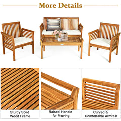 4 Piece Acacia Wood Patio Sofa Set, Slatted Loveseat Rated 705 lb, 2 Chairs Rated 360 lb with Off White Cushions and a 40 in Table