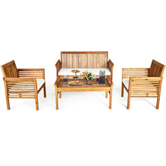 4 Piece Acacia Wood Patio Sofa Set, Slatted Loveseat Rated 705 lb, 2 Chairs Rated 360 lb with Off White Cushions and a 40 in Table