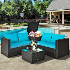 4 Piece Outdoor Rattan Set with Storage Corner Table, 2 Loveseats and Glass Coffee Table, Turquoise Cushions