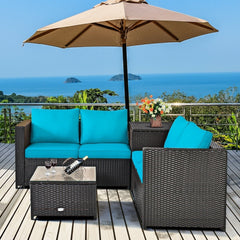 4 Piece Outdoor Rattan Set with Storage Corner Table, 2 Loveseats and Glass Coffee Table, Turquoise Cushions