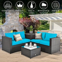 4 Piece Outdoor Rattan Set with Storage Corner Table, 2 Loveseats and Glass Coffee Table, Turquoise Cushions