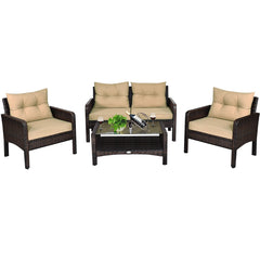 4 Piece Patio Rattan Free Combination Sofa Set, 52.5 in Loveseat, 2 Sofas and Two Tier Glass Coffee Table, Coffee Cushions