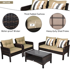 4 Piece Patio Rattan Free Combination Sofa Set, 52.5 in Loveseat, 2 Sofas and Two Tier Glass Coffee Table, Coffee Cushions
