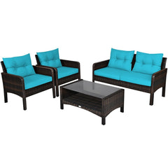 4 Piece Outdoor Rattan Wicker Set, 52.5 in Loveseat, 2 Sofas and Two Tier Tempered Glass Coffee Table, Turquoise Cushions