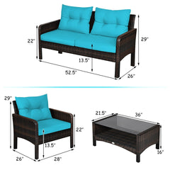 4 Piece Outdoor Rattan Wicker Set, 52.5 in Loveseat, 2 Sofas and Two Tier Tempered Glass Coffee Table, Turquoise Cushions