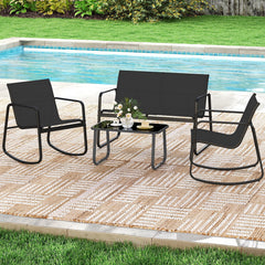 4 Piece Patio Sling Conversation Set, Loveseat Rated 660 lb, 2 Rocking Chairs Rated 330 lb and a Glass Top Coffee Table, Black