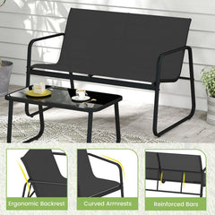 4 Piece Patio Sling Conversation Set, Loveseat Rated 660 lb, 2 Rocking Chairs Rated 330 lb and a Glass Top Coffee Table, Black