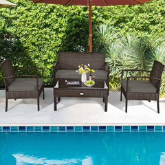 4 Piece Brown Rattan Patio Conversation Set with Glass Coffee Table