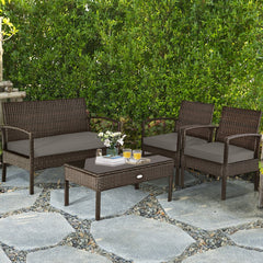 4 Piece Brown Rattan Patio Conversation Set with Glass Coffee Table