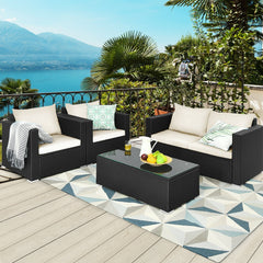 4 Piece Deep Seat Rattan Patio Conversation Set with Glass Coffee Table, Off White