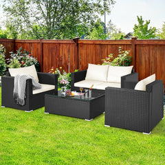 4 Piece Deep Seat Rattan Patio Conversation Set with Glass Coffee Table, Off White