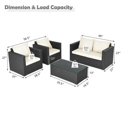 4 Piece Deep Seat Rattan Patio Conversation Set with Glass Coffee Table, Off White