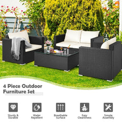 4 Piece Deep Seat Rattan Patio Conversation Set with Glass Coffee Table, Off White