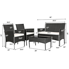 4 Piece Patio Rattan Conversation Set, Black Wicker Loveseat, 2 Armchairs with Off White Cushions and a 28 in Glass Top Table