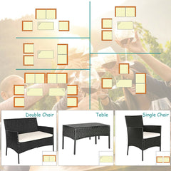 4 Piece Patio Rattan Conversation Set, Black Wicker Loveseat, 2 Armchairs with Off White Cushions and a 28 in Glass Top Table