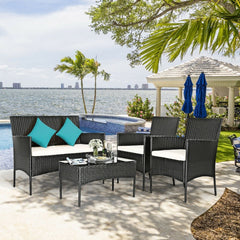 4 Piece Patio Rattan Conversation Set, Black Wicker Loveseat, 2 Armchairs with Off White Cushions and a 28 in Glass Top Table