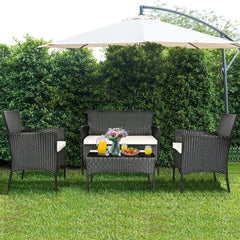 4 Piece Patio Rattan Conversation Set, Black Wicker Loveseat, 2 Armchairs with Off White Cushions and a 28 in Glass Top Table