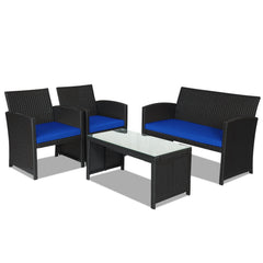 4 Piece Wicker Patio Conversation Set with Tempered Glass Coffee Table, Navy Cushions
