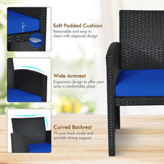 4 Piece Wicker Patio Conversation Set with Tempered Glass Coffee Table, Navy Cushions
