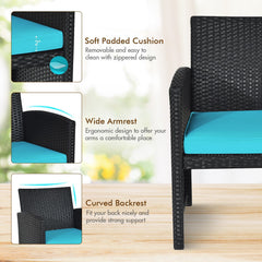 4 Piece Wicker Patio Conversation Set with Tempered Glass Coffee Table, Turquoise Cushions