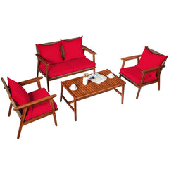 4 Piece Acacia Wood and Rattan Patio Furniture Set, 45 in Loveseat, 2 Chairs and 40 in Slatted Coffee Table, Red Cushions