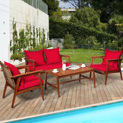 4 Piece Acacia Wood and Rattan Patio Furniture Set, 45 in Loveseat, 2 Chairs and 40 in Slatted Coffee Table, Red Cushions
