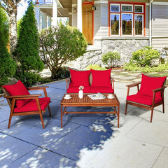 4 Piece Acacia Wood and Rattan Patio Furniture Set, 45 in Loveseat, 2 Chairs and 40 in Slatted Coffee Table, Red Cushions