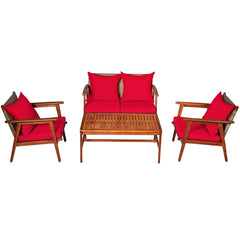 4 Piece Acacia Wood and Rattan Patio Furniture Set, 45 in Loveseat, 2 Chairs and 40 in Slatted Coffee Table, Red Cushions