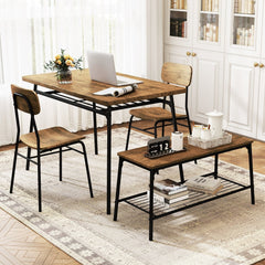 4 Piece Dining Table Set for 4 Metal Frame with Bench and 2 Chairs-Brown