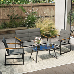 4 Piece Padded Sling Patio Conversation Set with Wood Plastic Armrests and Glass Table, Gray