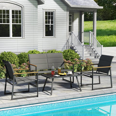 4 Piece Padded Sling Patio Conversation Set with Wood Plastic Armrests and Glass Table, Gray