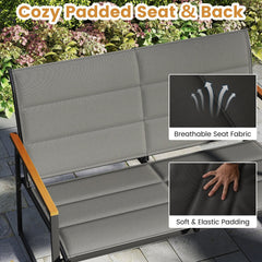 4 Piece Padded Sling Patio Conversation Set with Wood Plastic Armrests and Glass Table, Gray