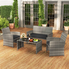 4 Piece Patio Rattan Conversation Set, Grey Wicker Loveseat Rated 800 lb, 2 Chairs Rated 400 lb, Black Cushions and Glass Top Table