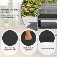 4 Piece Patio Rattan Conversation Set, Grey Wicker Loveseat Rated 800 lb, 2 Chairs Rated 400 lb, Black Cushions and Glass Top Table