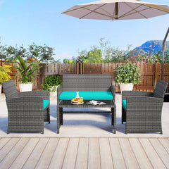 4 Piece Patio Rattan Conversation Set, Grey Wicker Loveseat Rated 800 lb, 2 Chairs Rated 400 lb, Turquoise Cushions and Glass Top Table