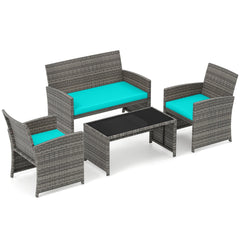 4 Piece Patio Rattan Conversation Set, Grey Wicker Loveseat Rated 800 lb, 2 Chairs Rated 400 lb, Turquoise Cushions and Glass Top Table