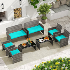 4 Piece Patio Rattan Conversation Set, Grey Wicker Loveseat Rated 800 lb, 2 Chairs Rated 400 lb, Turquoise Cushions and Glass Top Table