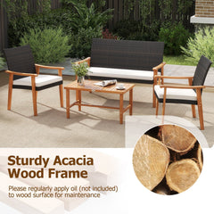 4 Piece Patio Conversation Set, Acacia and Brown Wicker Loveseat Rated 800 lb, 2 Chairs Rated 400 lb, White Cushions and an Acacia Table