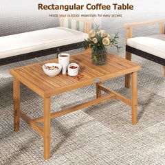 4 Piece Patio Conversation Set, Acacia and Brown Wicker Loveseat Rated 800 lb, 2 Chairs Rated 400 lb, White Cushions and an Acacia Table