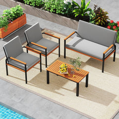 4 Piece Patio Conversation Set, Black Metal Loveseat Rated 800 lb and 2 Chairs Rated 400 lb with Acacia Arms, Grey Cushions and Slatted Table