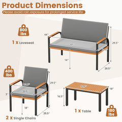 4 Piece Patio Conversation Set, Black Metal Loveseat Rated 800 lb and 2 Chairs Rated 400 lb with Acacia Arms, Grey Cushions and Slatted Table